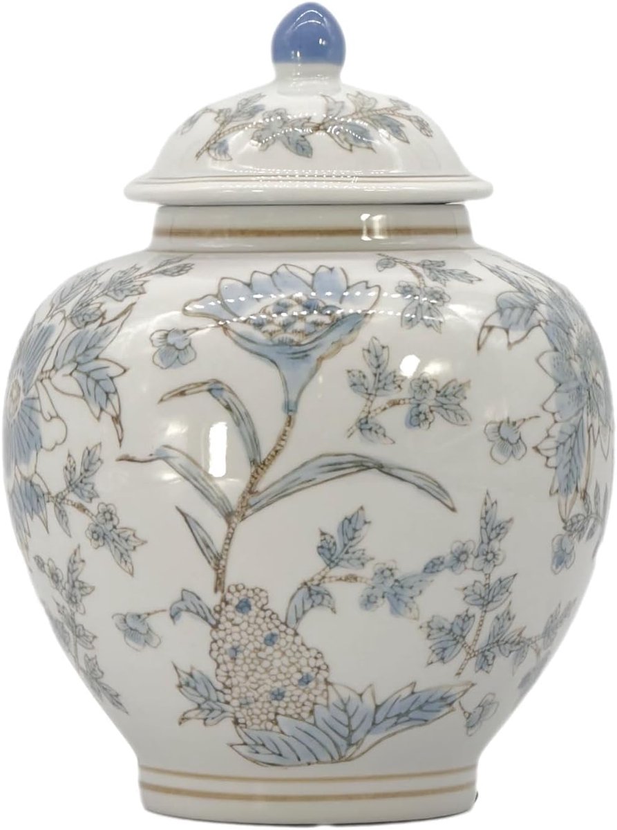 Keramische Pot - Decoratieve Vaas - Thee Opslag - Chinoiserie Ontwerp - 19x25.4 cm - Wit Blauw