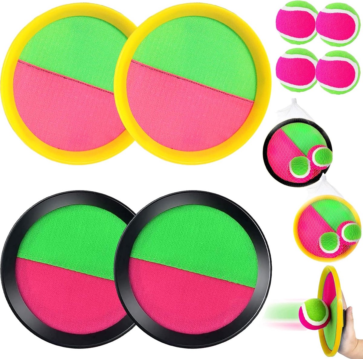 Klittenbandbalspel - Vangspel Buiten - Buitenplezier Spelen - Inclusief 4 peddels - 18.5 cm peddel - Meerdere kleuren