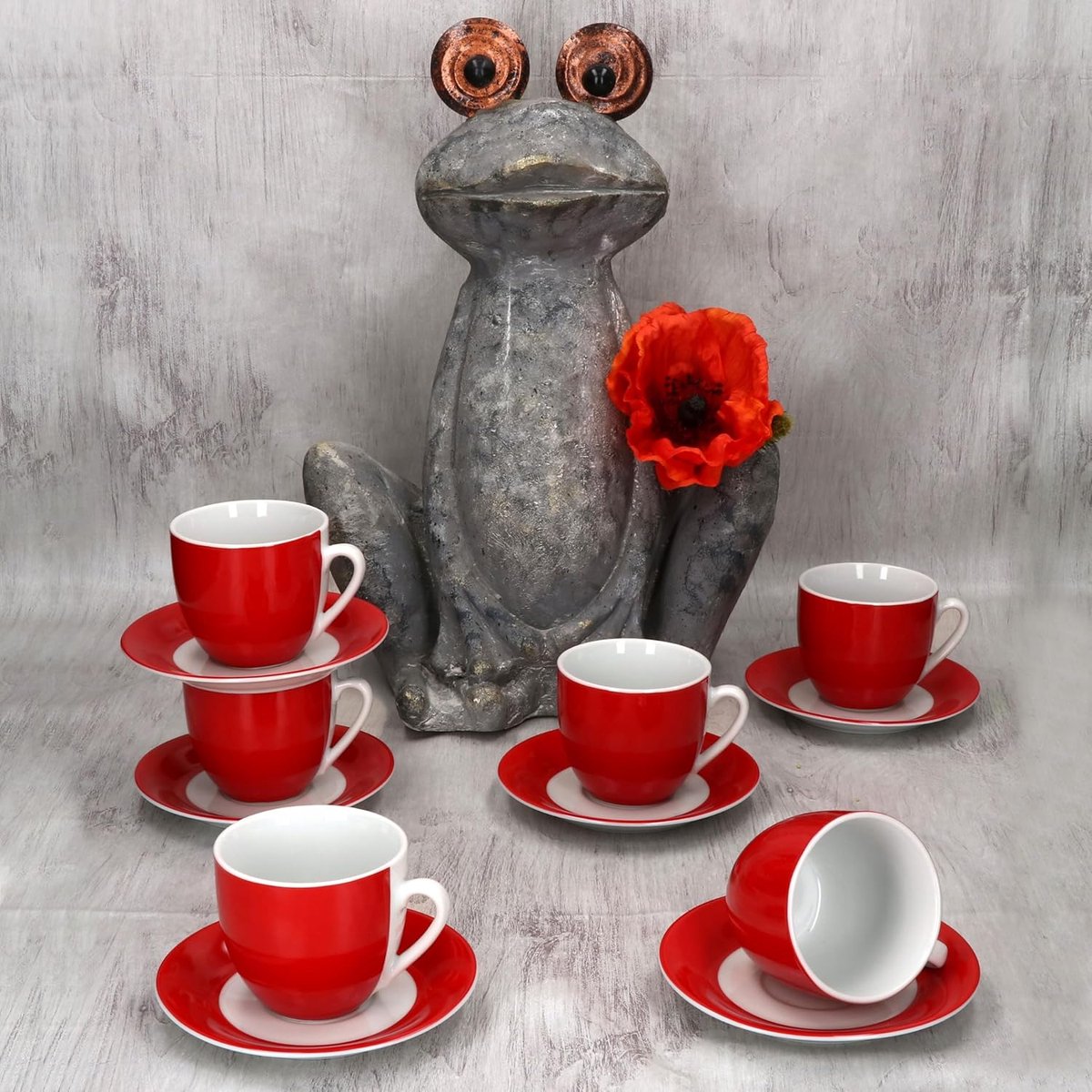 Koffiekopjes Schoteltjes - Theekopjes Servies - Ontbijt Koffie Drinken - Vaatwasser Magnetronbestendig - 200 ml - Rood Wit
