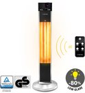 Trotec staande terrasverwarmer met zilveren voet, zwart en zilverkleurig, met gloeiende warmte-elementen en afstandsbediening.