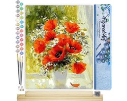 Schilderen op Nummer - Handwerk Acrylverf - Ontspanning Creativiteit - Compleet met Houten Lijst - 40x50 cm - Rode bloemen madeliefjes
