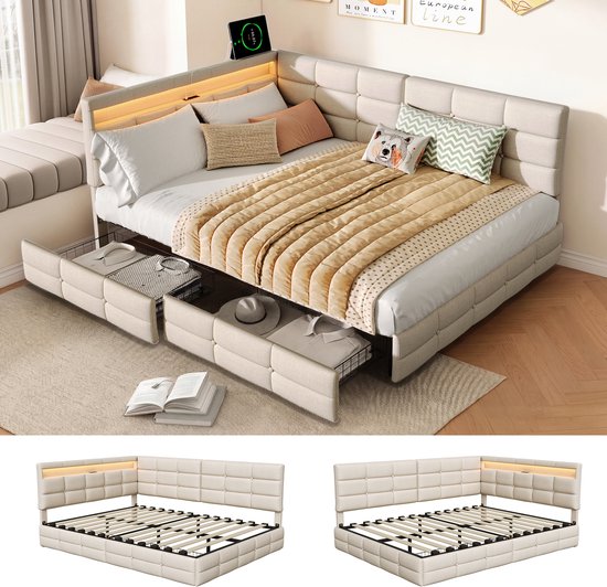 Beige linnen hoekbankbed met opengetrokken laden vol met kleding en een hoed. Twee detailafbeeldingen tonen de bedbodem.