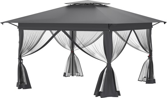 Pop-up Tuinpaviljoen – Paviljoen – Partytent met Dubbel Dak en Muggennetten – Spatschermend Vouwpaviljoen met Verstelbare Hoogte – Tuinpaviljoen voor Tuin, Camping & Feest – Antraciet