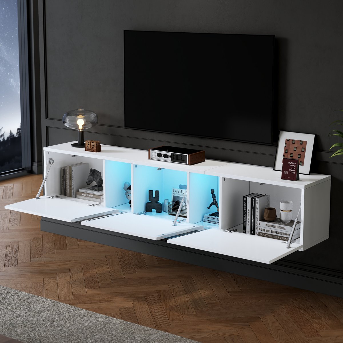 MODENUIT Tv-Meubel - Wandmontage Met Led En 3 Deuren - Voor Woonkamer - Spaanplaat Acryl -