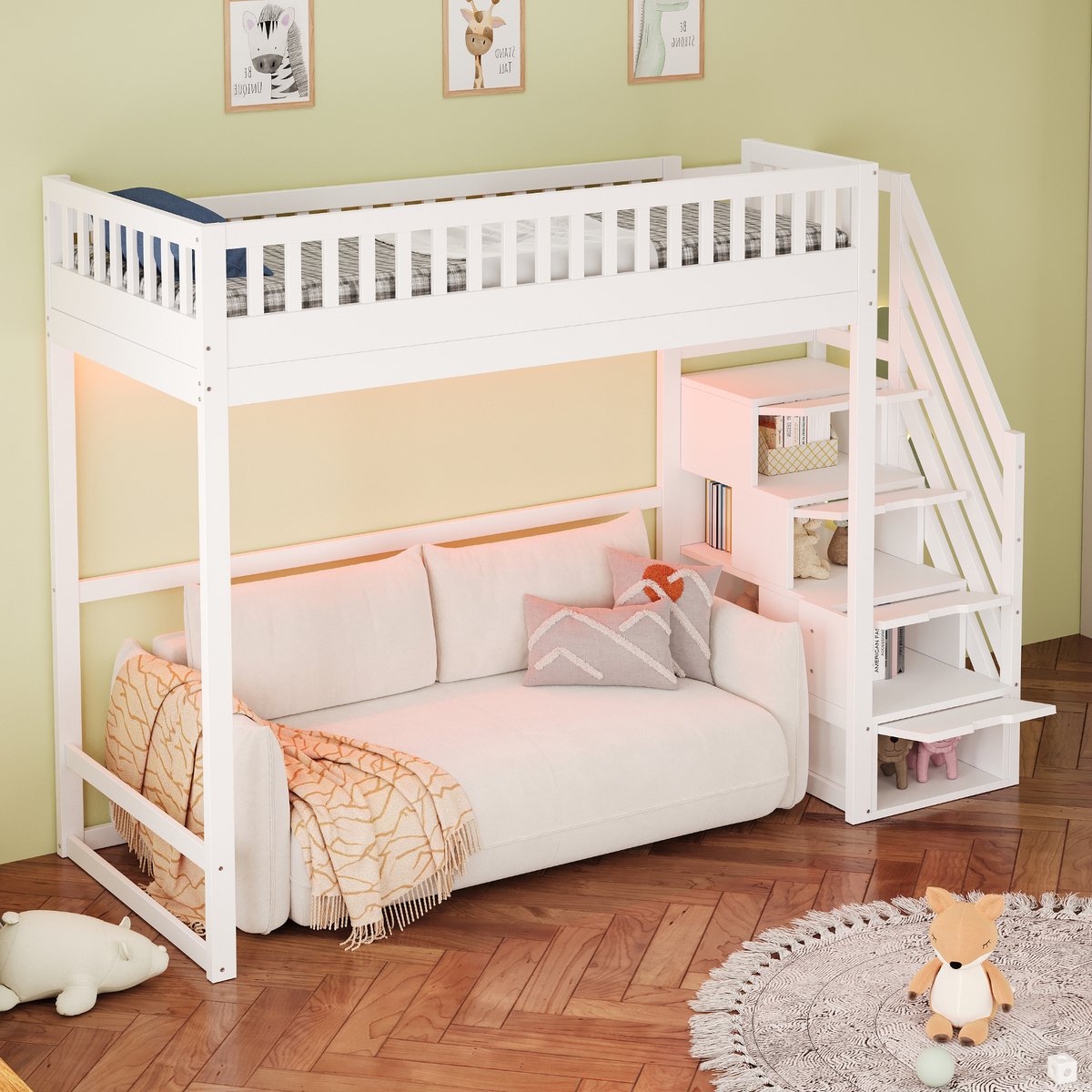Merax Hoogslaper 90 x 200 cm - met LED-verlichting - verwisselbare veiligheidsladder aan beide zijden - kinderbed - wit - zonder matras