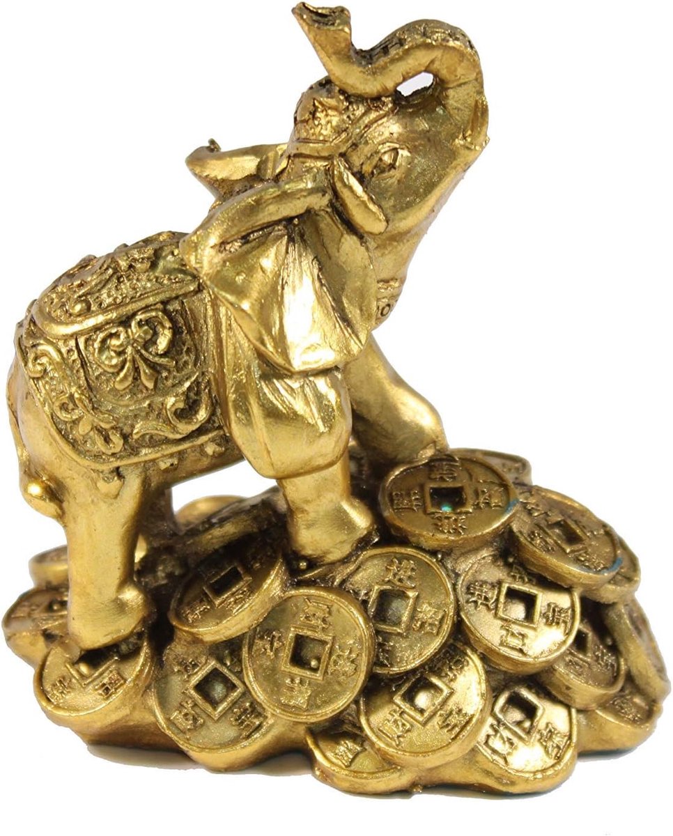Gouden Olifant Beeldje - Rijkdom Geluk Symbool - Huis Decoratie - Hars Materiaal - 7.6x7.6x8.9cm - Goudkleurig