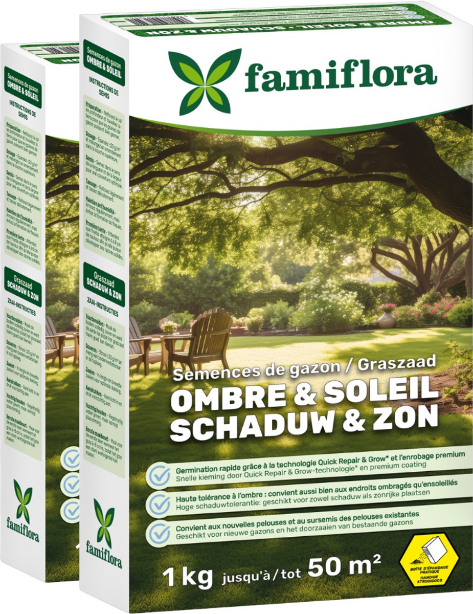Famiflora graszaad 2kg tot 100m² (2 x 1KG) - Schaduw & zon - ideaal voor een schaduwgazon - Goed voor een gazon tot 50 m² - Hoge schaduwtolerantie - Voor een vol & egaal gazon