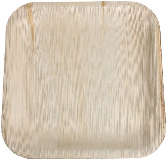 Vierkant bord van palmblad, 20x20 cm, met natuurlijke nerf.