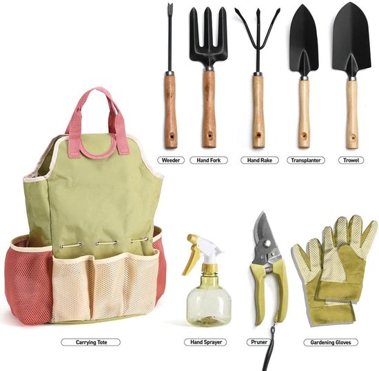 Tuingereedschap - 9 stuks tuinset - Tuingereedschapstas - Inclusief een complete set robuust tuingereedschap en een stijlvolle draagtas - Duurzame tuinset - Inclusief gereedschap, snoeischaar, tas en gieter - Een ideaal tuincadeau voor vrouwen -Groen van Merkloos	 — afbeelding 2