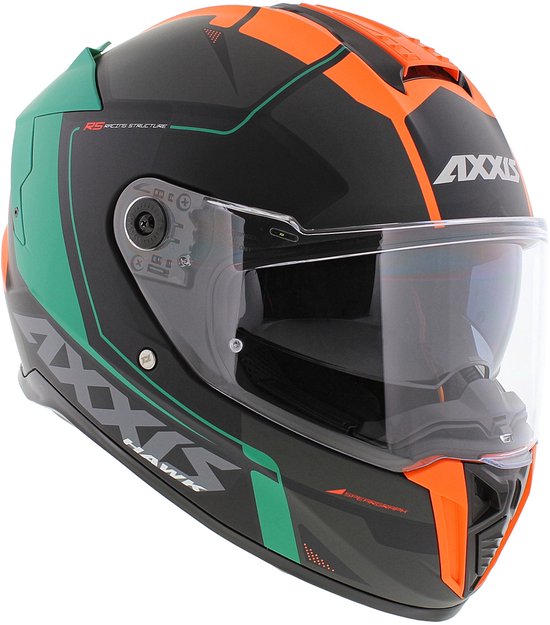 Zwarte integraalhelm met groen en oranje grafisch patroon. 'AXXIS HAWK' op de zijkant. Helder vizier.