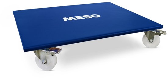 Blauwe vierkante meubelroller met het witte logo 'MESO' erop, met 4 witte zwenkwielen.