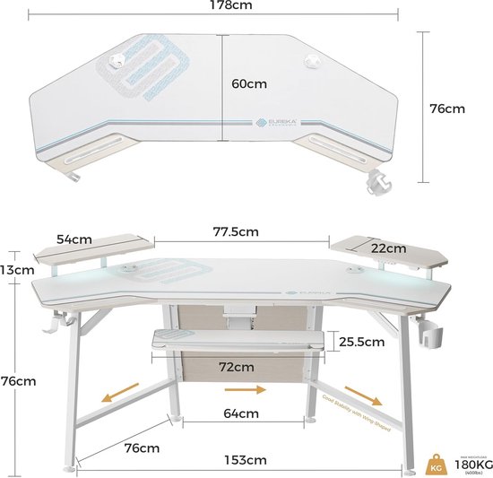 Grote Gamingtafel met LED, Vleugelvormig Bureau met Monitorsteunen en Uitschuifbaar Toetsenbordblad van Merkloos — afbeelding 5