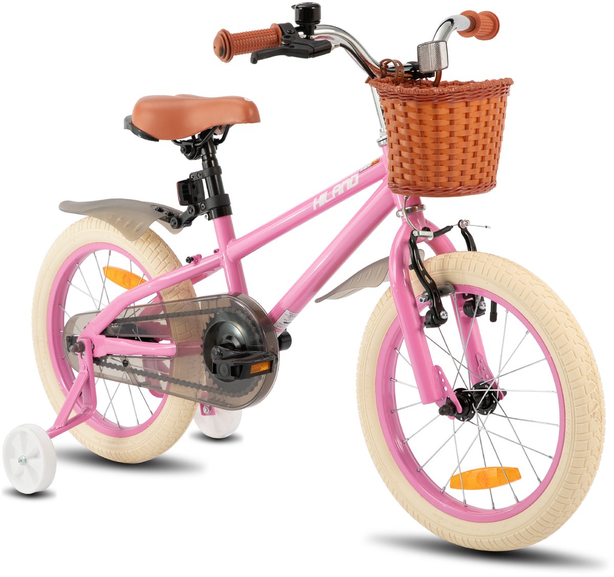 Hiland Meisjesfiets 14 Inch Met Mandje & Zijwieltjes Handrem & Terugtraprem Roze