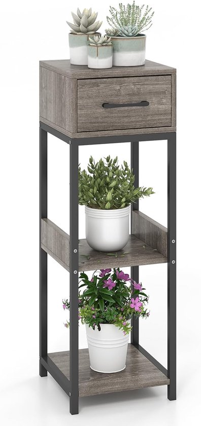 KOMFOTTEU Bloemenstandaard, 3-traps plantenstandaard met lade en open planken, plantentafel, bloementafel, bloemenrek, plantenrek