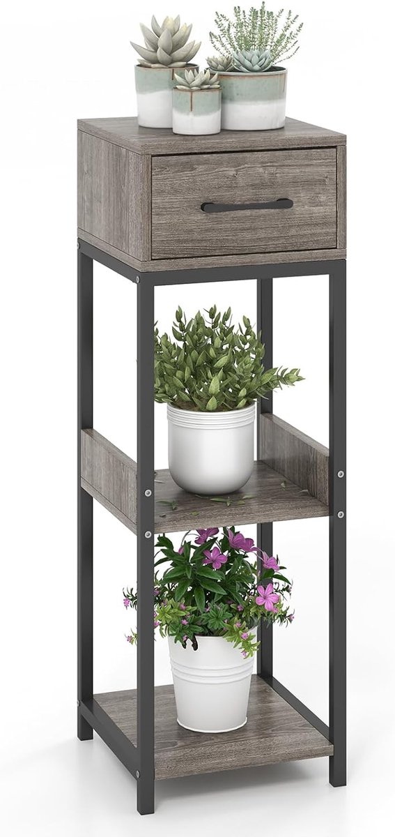 KOMFOTTEU Bloemenstandaard, 3-traps plantenstandaard met lade en open planken, plantentafel, bloementafel, bloemenrek, plantenrek