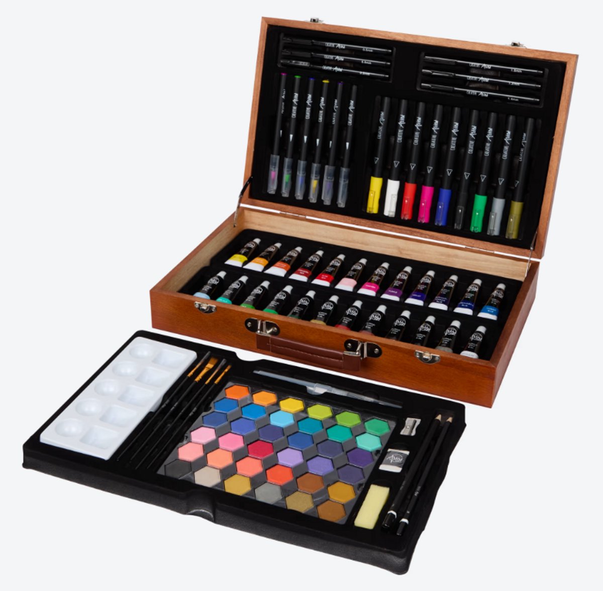 Houten schilderdoos - 92-delig - Hobby - Inclusief acrylverf, markers en penselen