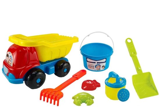Zandspeelgoed Vrachtwagen Set - 7-delig - Strandspeelgoed met Auto, Gieter, Zandvormpjes & Schepje - Stevig Zandbak Speelgoed voor Kinderen - Complete Strandset - Zandbakspeelgoed - Zandbakken - Buitenspeelgoed - Speelgoed - Multi-color