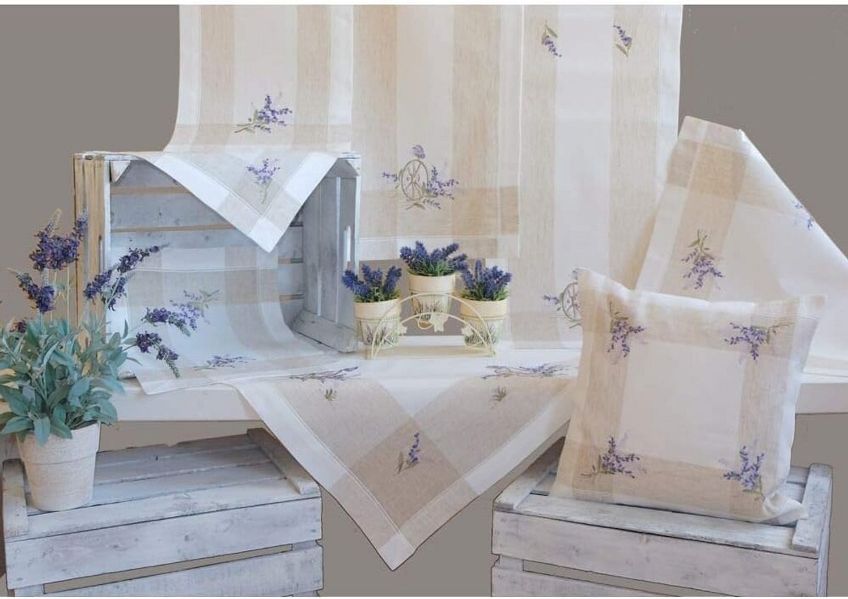 Tafelloper met Linnenlook in Lavendelpaars en Beige, Geborduurd Mediterraan Design