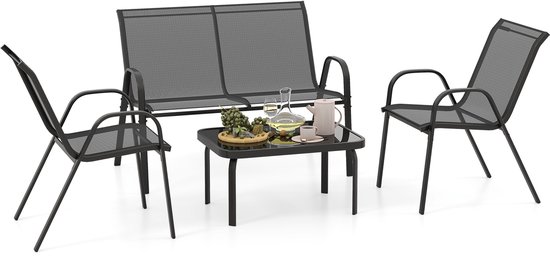 COSTWAY Ensemble de meubles de jardin 4 pièces, meubles de balcon, meubles de terrasse, salon de jardin, salon de jardin pour 4 personnes, mobilier de jardin avec 2 chaises, canapé & table, pour balcon, terrasse, jardin (gris)