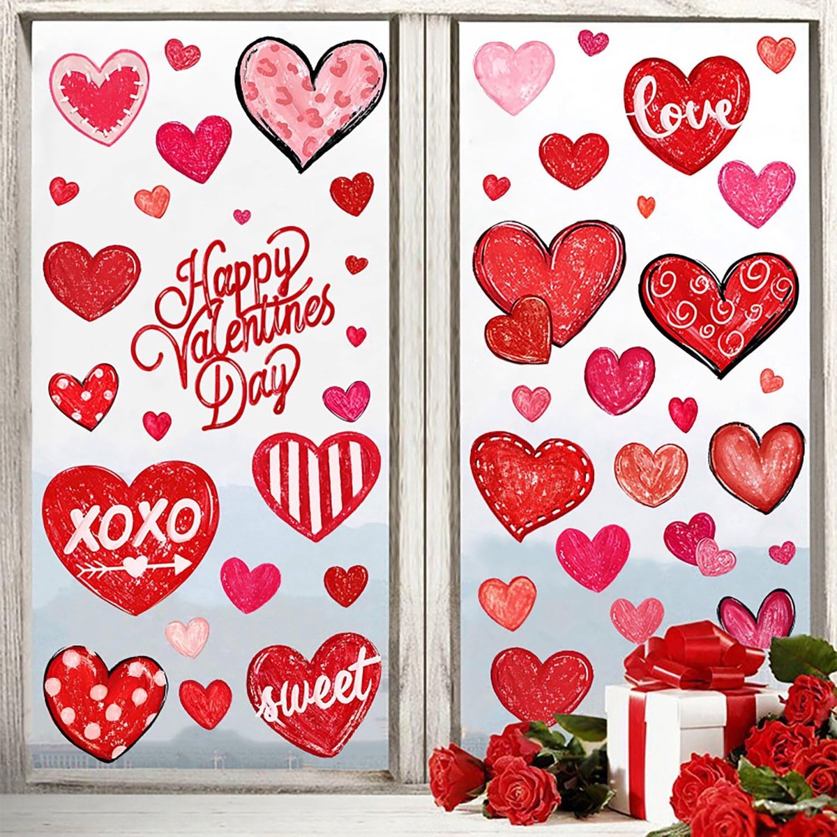 MDUG 6 raamstickers met Valentijnsdagthema - Leuke rode hartvormige dubbelzijdige herbruikbare raamstickers - Hartvormige raamdecoratie - Geschikt voor doe-het-zelf-decoraties voor de feestdagen, deuren, muren, huisfeesten, bruiloften en jubilea
