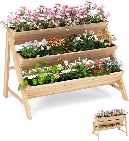 KOMFOTTEU Verhoogd bloembed, hout, plantenbed met 3 bloembakken, tuinbed met 2 haken en planken, plantenbak, plantenbak, kruidenbak, plantentrap voor tuin, balkon, terras, natuur