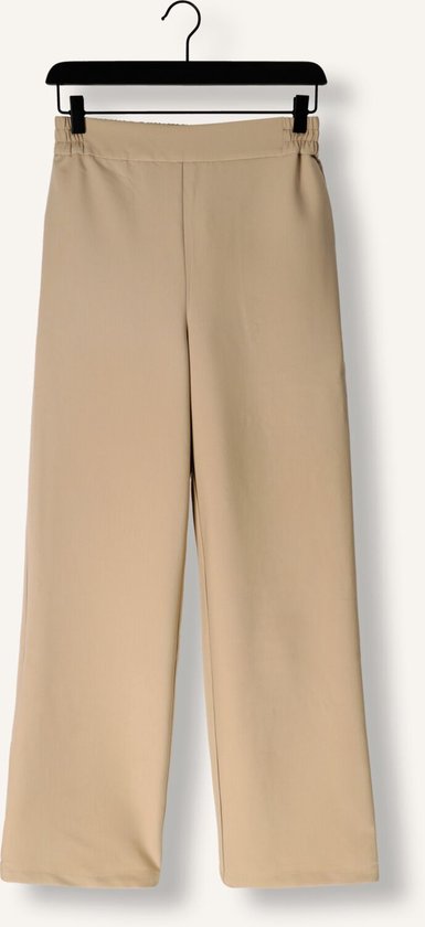 Lichtbruine broek met elastische tailleband en wijde pijpen.