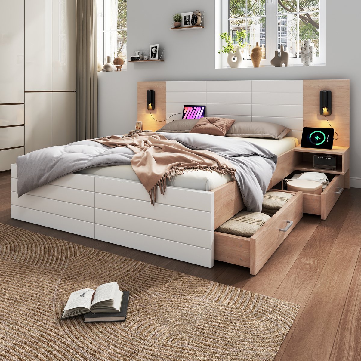 REDOM Bedframe 140x200 cm van massief hout/MDF – Met leeslamp (360°), USB, 2 lades en latt