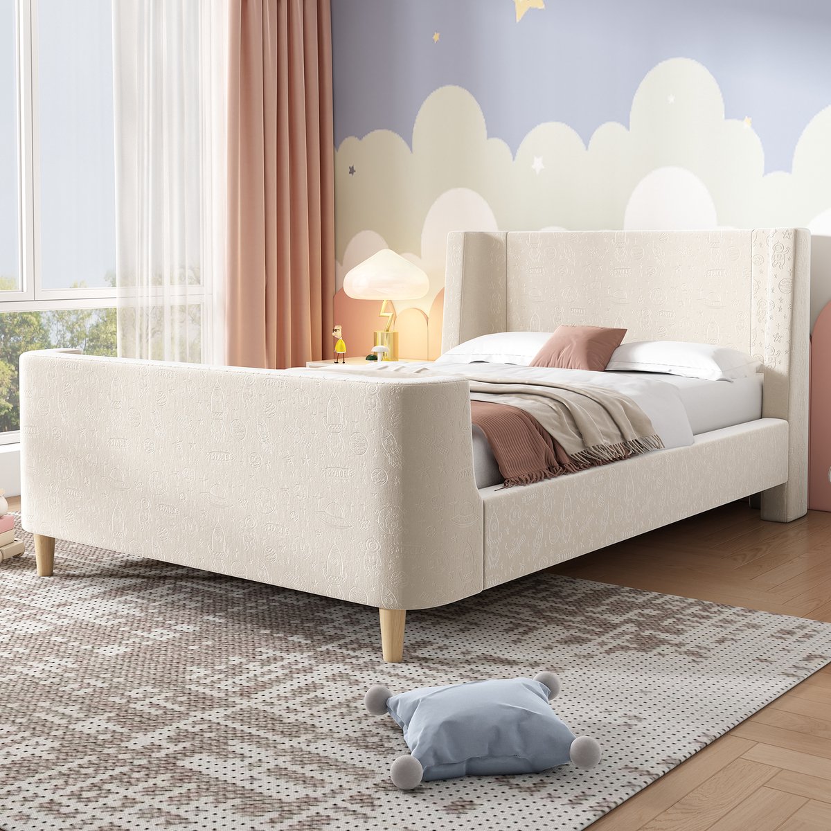 REDOM Bedframe 90x200 cm – Fluweel – Ruimteprint – Lattenbodem – Beige – 150 kg