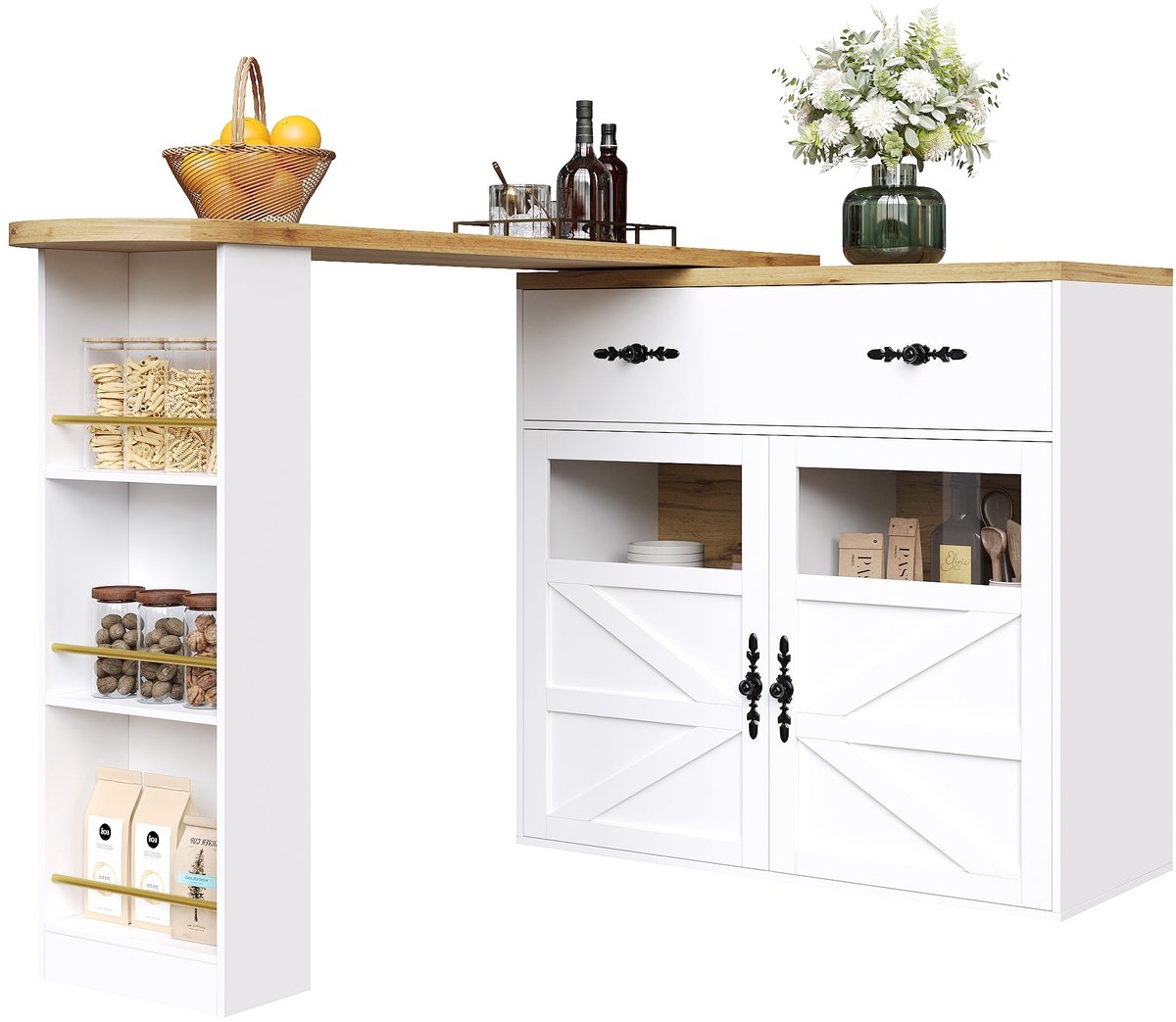 Merax Uitschuifbare Bartafel met Opbergruimte - 360° Draaibare Keukenbar en Keukeneiland - Hoge Tafel met Lade en Zijrek - Wit - 138-204x39x104 cm