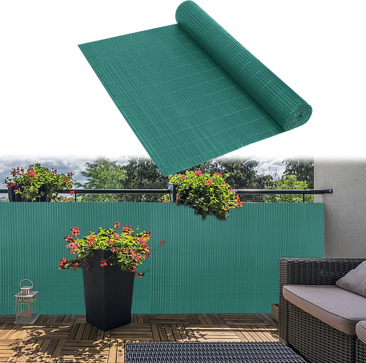 Aufun PVC Balkon Scherm Mat - Privacy Schutting Waterdicht - Versterkte Lamellen Met Kabelbinders - Inkijkdicht Balkonafscheiding - Groen - 80x500cm