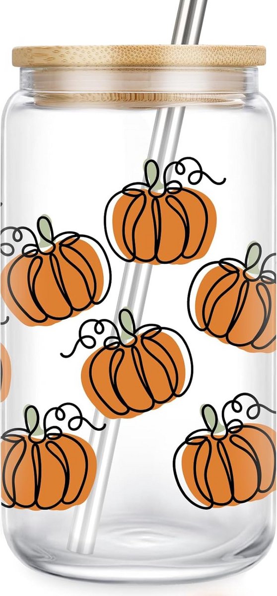 Herfst Tumbler Glas met Pompoenpatroon voor Iced Coffee en Smoothies 480ML