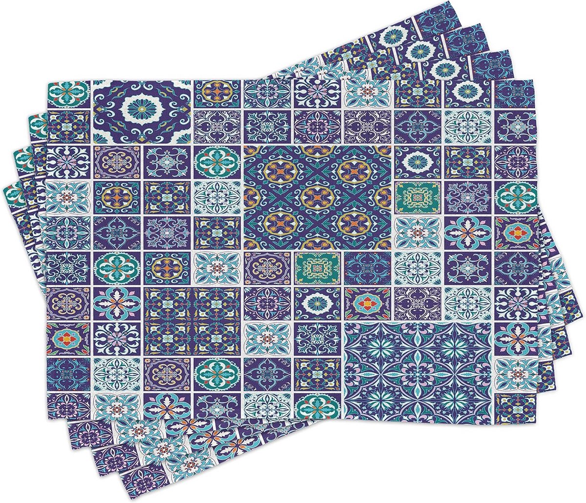 Set van 4 Placemats Etnisch Mozaïek Patroon - Wasbare Tafelmatten Blauw