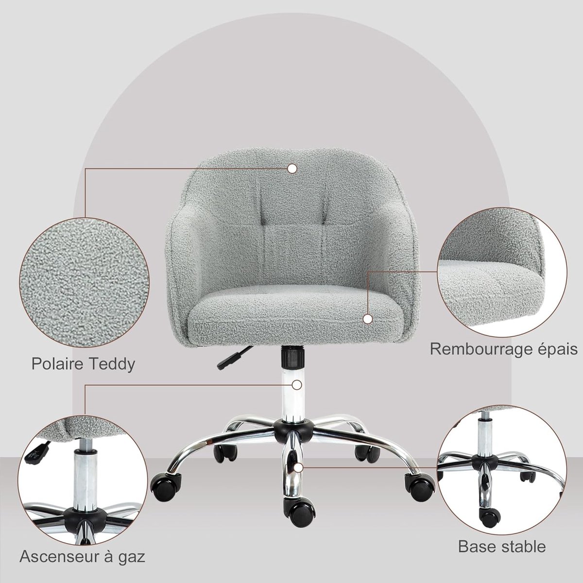 Ergonomische bureaustoel grijs – teddypluche, verstelbare hoogte 46-56 cm, ergonomische rug, armleuningen, 360° draaibaar, comfortabele zit