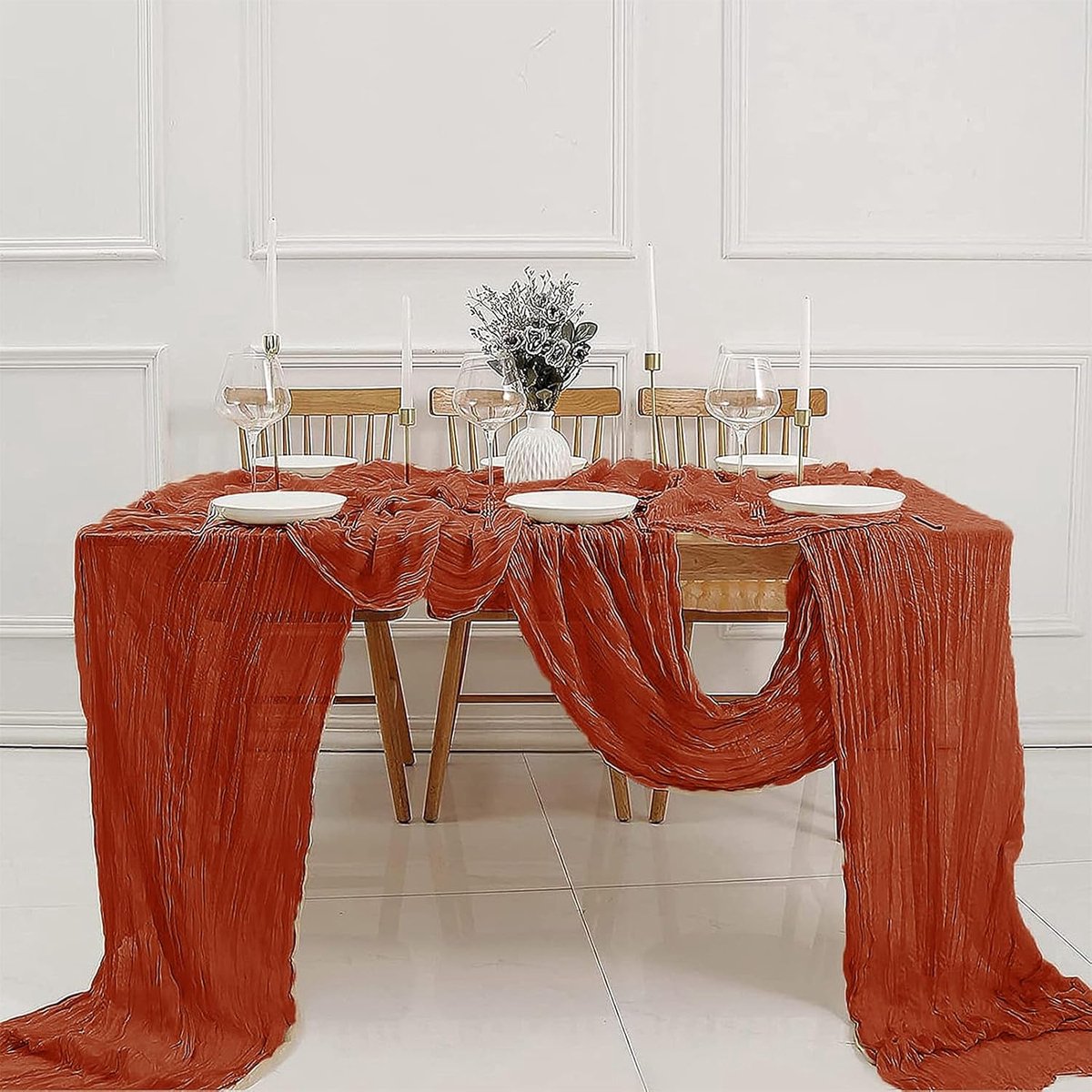 Tafelloper 90x295cm Boho - Mesh - Rustiek - Doorschijnend - Lange Tafelloper - Romantische Versieringen voor Bruiloft - Bruidsdouche - Verjaardagsfeest - (Terracotta)