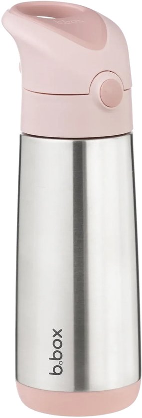 Bouteille b.box argentée avec couvercle et base rose clair, logo b.box.
