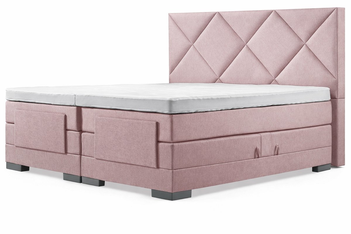 Elektrische Boxspring - 160x200 - Incl. Ruiten hoofdbord - Oudroze met plint