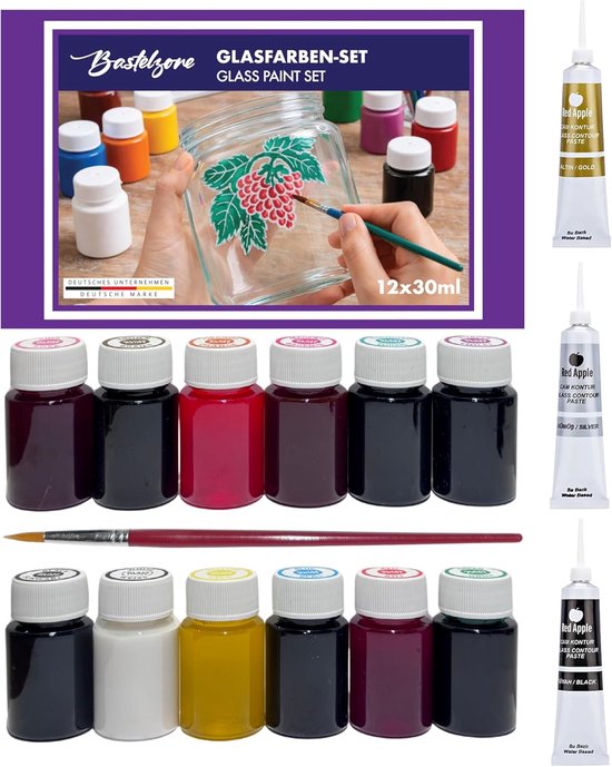 Set de peinture sur verre Bastelzone avec 12 pots de 30 ml et peinture de contour. Exemples de pots et de verre peints.
12x30ml