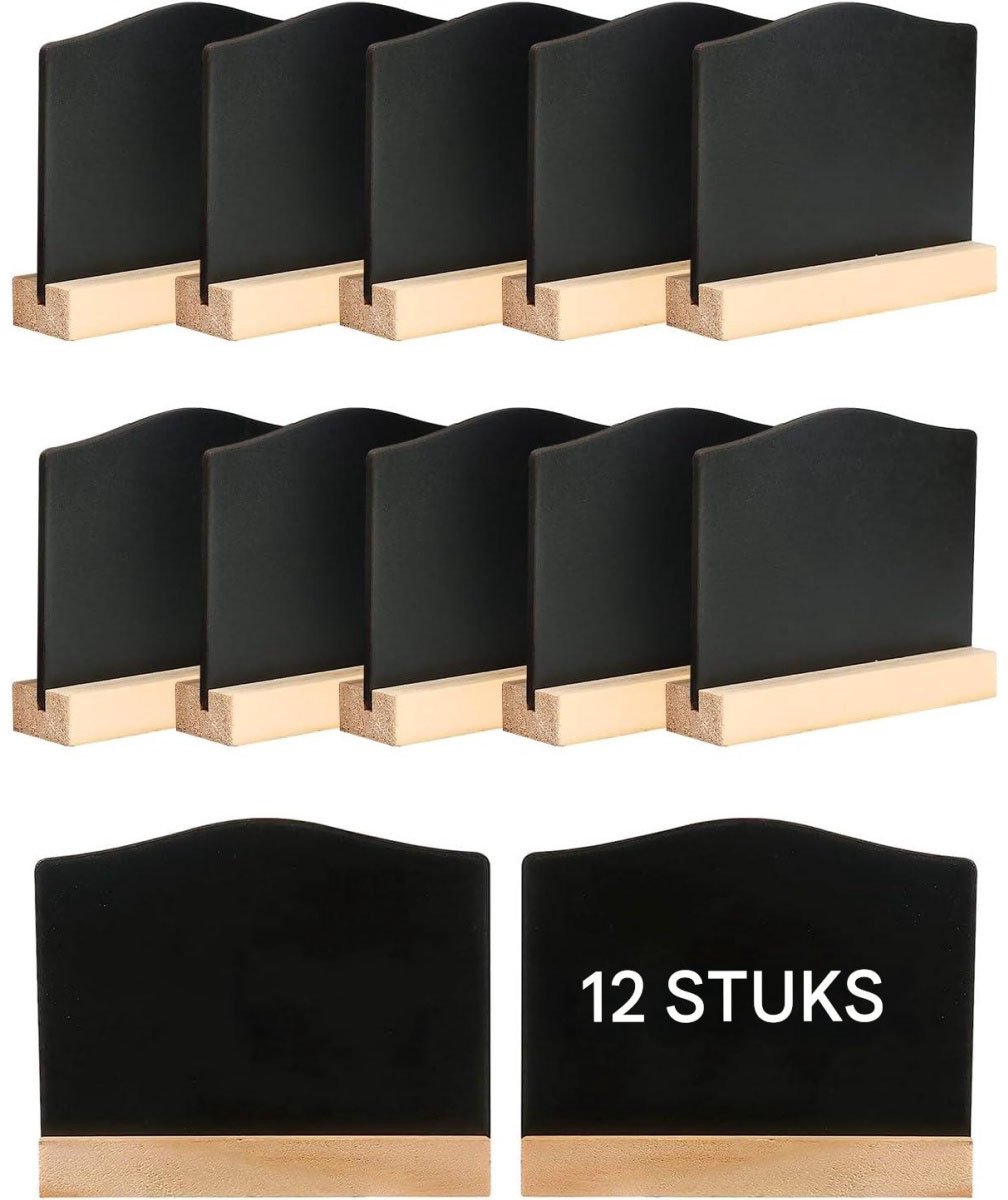 GELLDG 12-delige krijtbordset - met standaard - klein houten krijtbord - om op te schrijven - buffetetiketten - herbruikbaar - prijskaartjes - geschikt voor bruiloften, verjaardagen, winkels - golvend