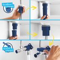 Installatie-instructies van kraanonderdelen met blauwe QuickMount-bevestiging.