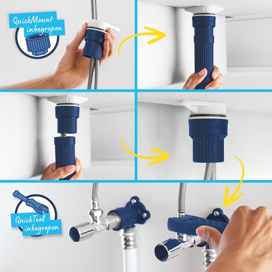Installatie-instructies van kraanonderdelen met blauwe QuickMount-bevestiging.