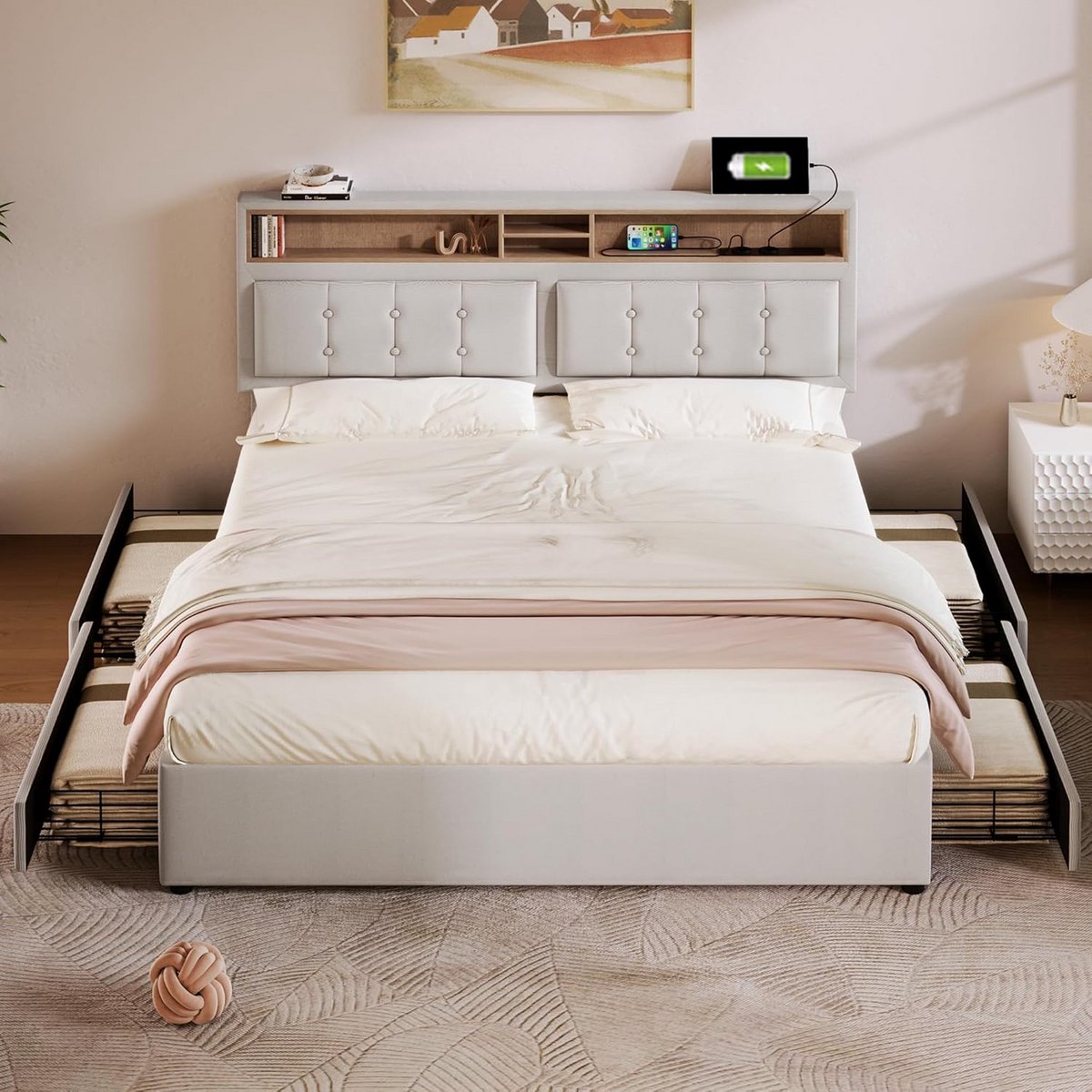 Tweepersoons Bed met 4 Opberglades en Ingebouwde USB-C Aansluiting - 140 x 200 cm