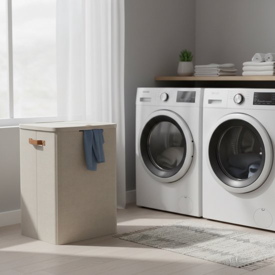Panier à linge ACAZA avec couvercle - 2 compartiments - 170 L - 56 x 40 x 75 cm - Beige