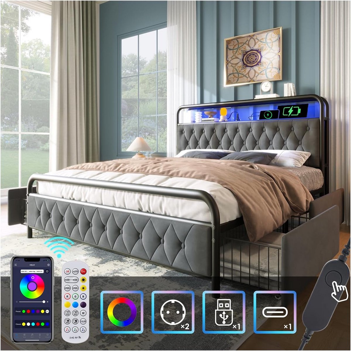 Gestoffeerd Tweepersoonsbed 140x200 Grijs met LED, USB-C, App-Control en 4 Opberglades