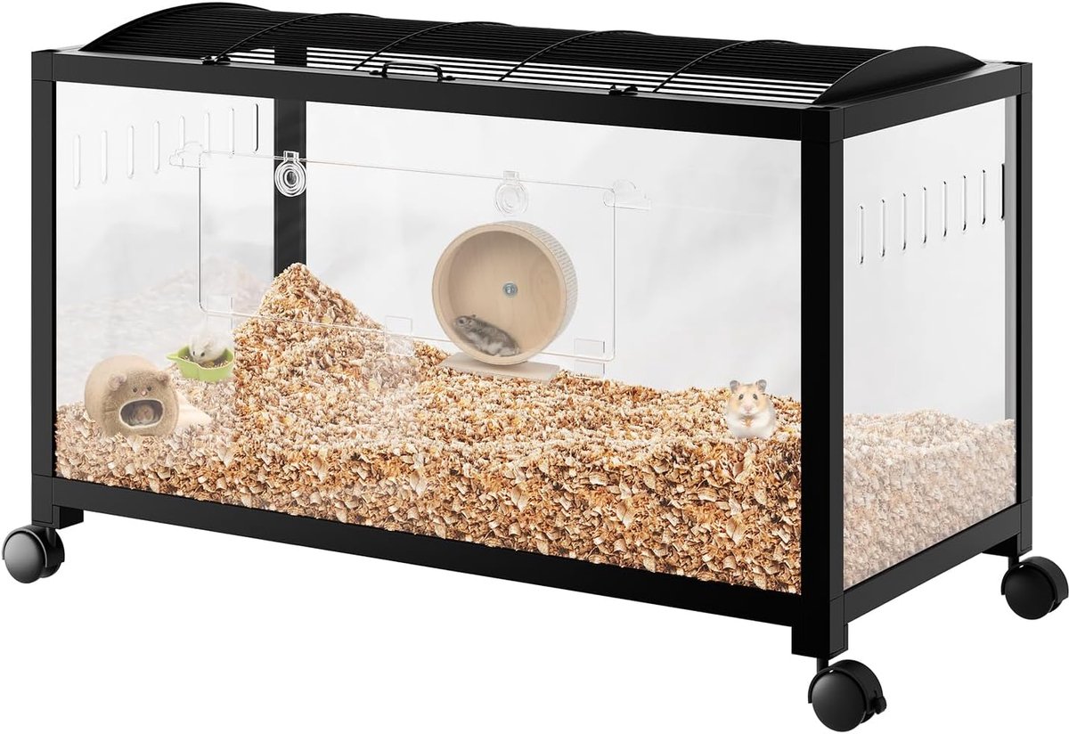 Ruime Hamsterkooi met Wielen - Stapelbare Kooi van Metaal & Acryl, Bovenaf Toegang, Goede Ventilatie, met Deur voor Muis, Hamster & Cavia