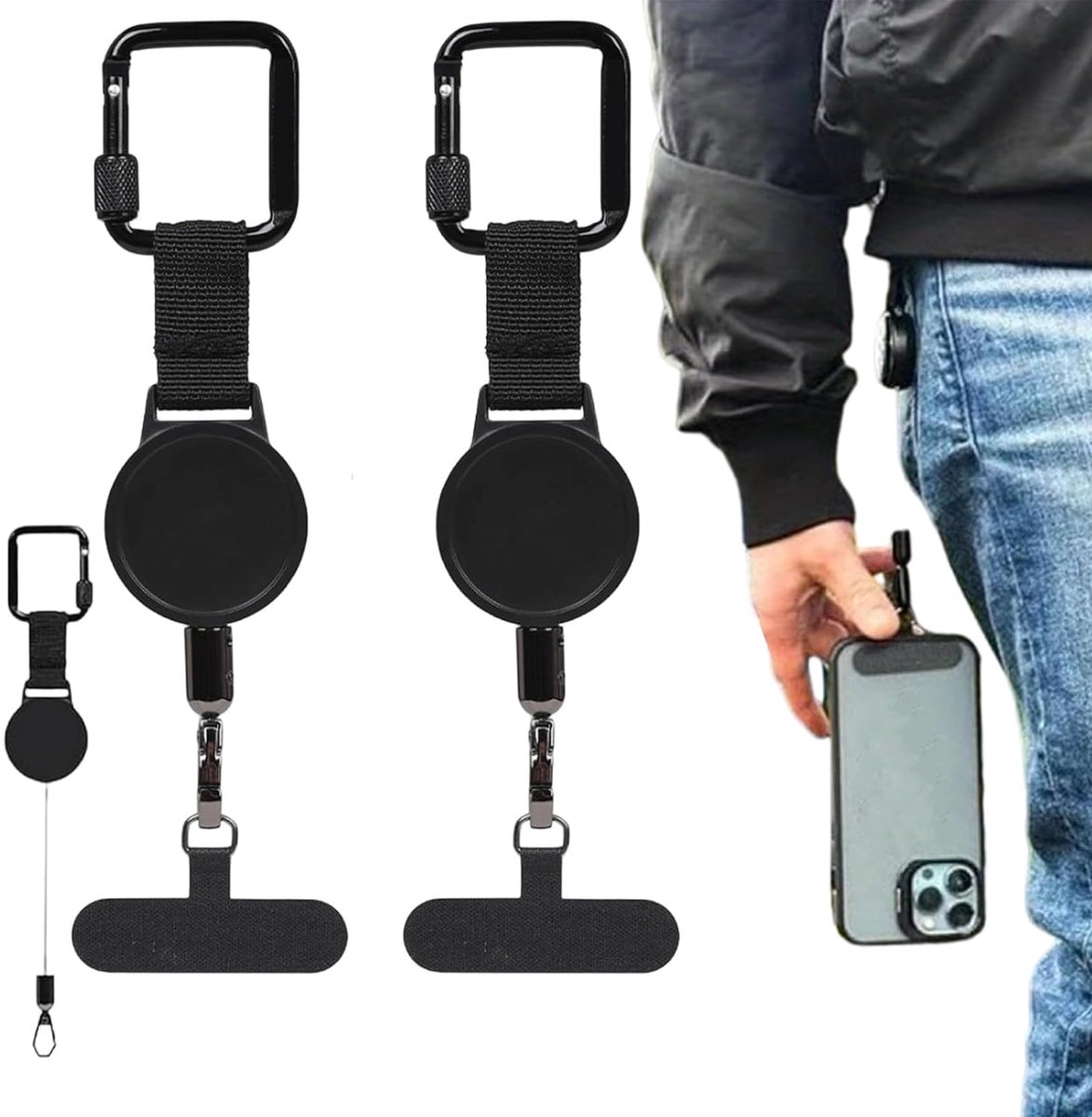 2 stuk intrekbaar antidiefstal telefoonkoord voor buiten - Duurzame, intrekbare antidiefstal telefoonhouder, lichtgewicht koordhouder met veilige clip, draagbaar bevestigingssysteem voor reizen, wandelen en klimmen