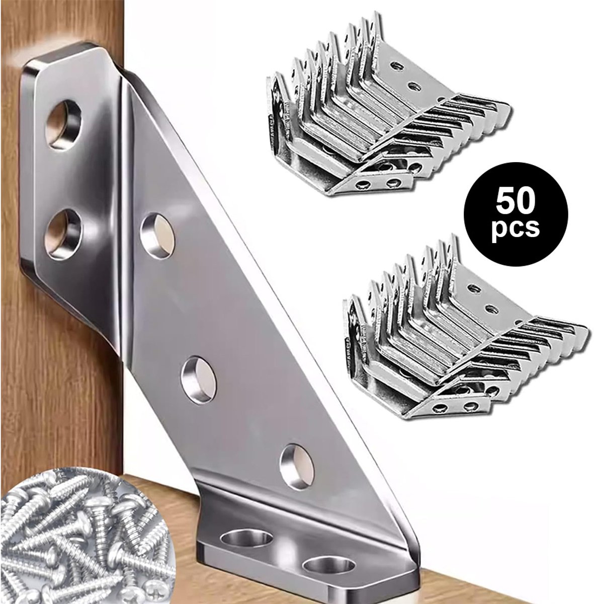 Driehoekige Kaststeun - Driehoekige Steun - Roestvrijstalen Meubelconnector - Houten Meubelconnector - 50pcs - Zilver