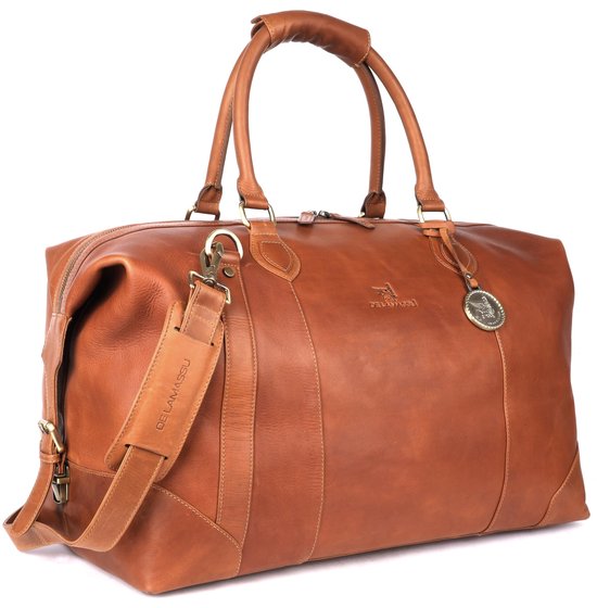 Le sac de voyage DE LAMASSU® (Rafael) en cuir véritable – weekender unisexe 50 × 35 × 28 cm – sangle d'épaule réglable, extensible avec boucles latérales, pieds de protection, emballage cadeau