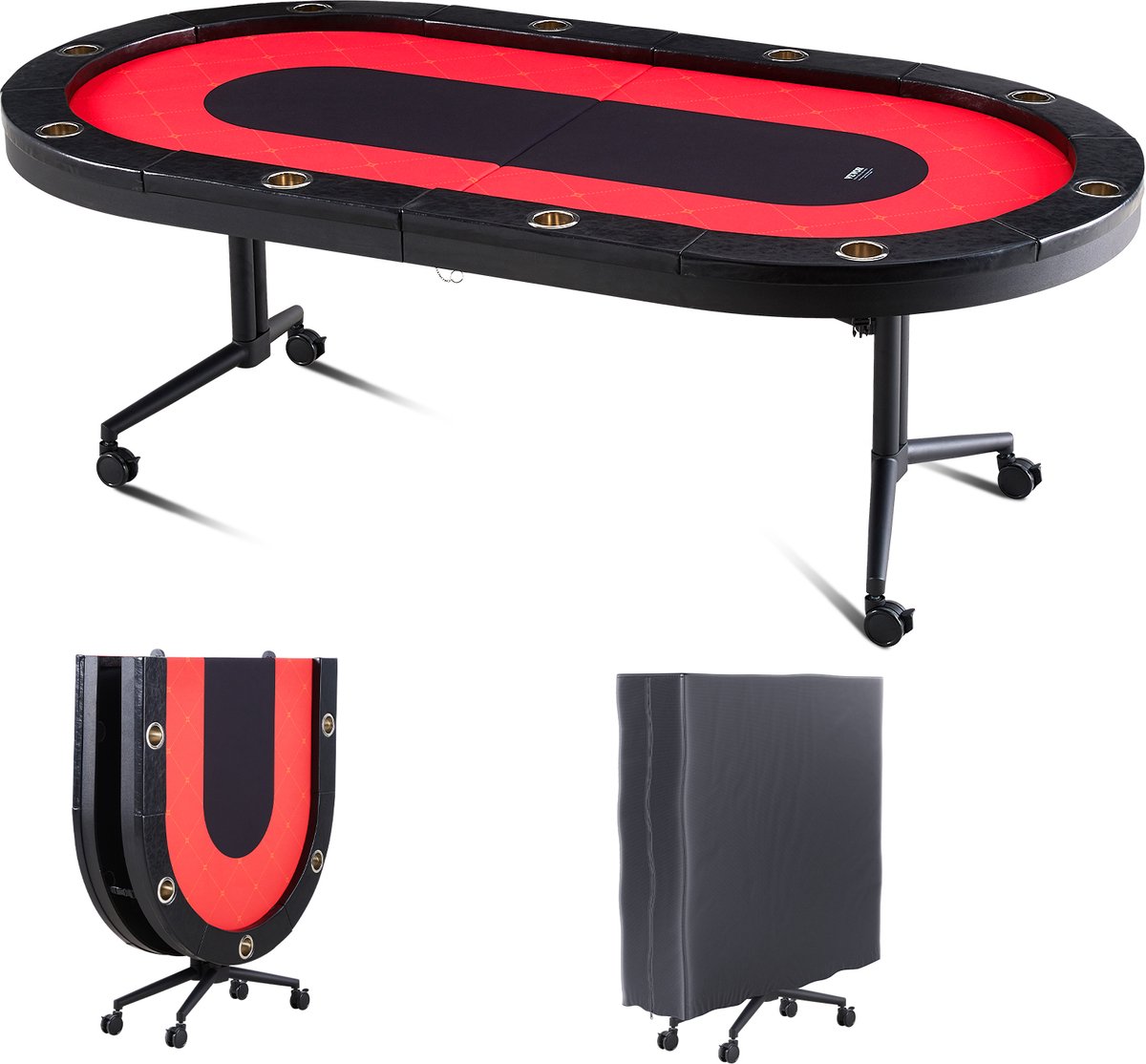 VEVOR Casino Pokertafel Klaptafelpoten 229x122x80cm (LxBxH), Opvouwbare Pokertafel, Zwart en Rood Poker Pad Klaptafel voor 10 Spelers, Pokertafel met Stofkap Draagbaar
