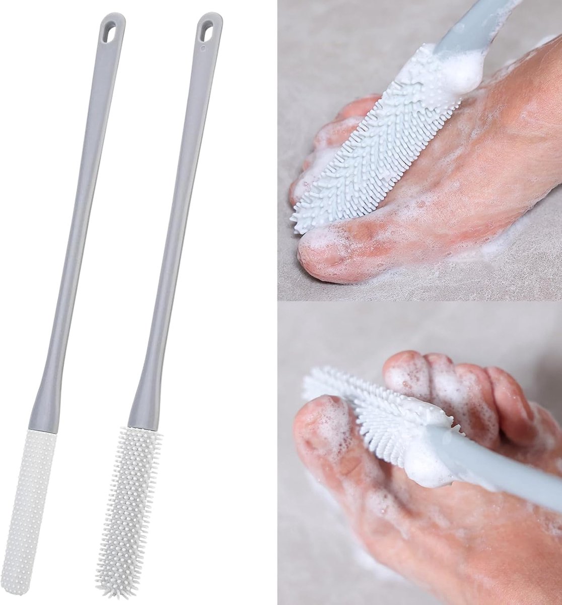 Ynkkvre - Voetborstelset - Siliconen Tenenborstel - Langgrijpontwerp Voor Reiniging Tussen De Tenen In De Douche - 2 Stuks - Voor Zwangere Vrouwen En Ouderen Zwart