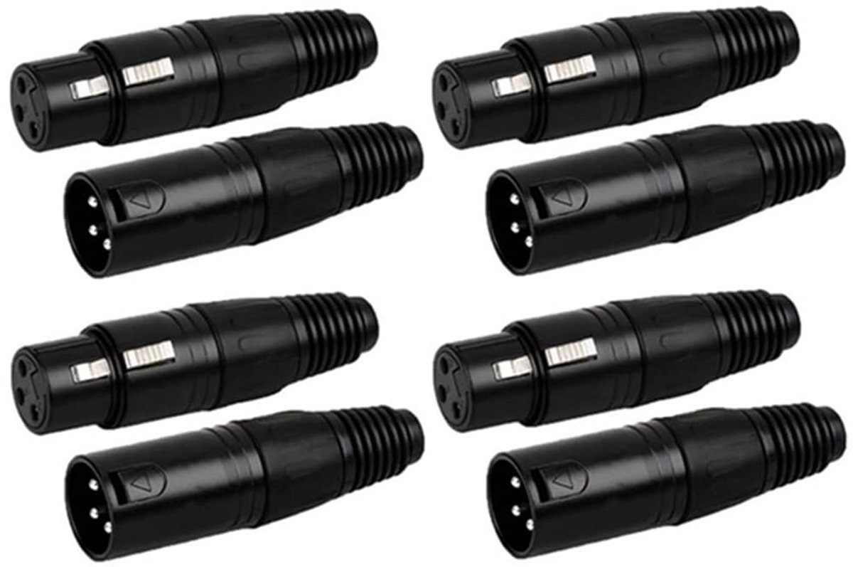 8 Stuks 3-Pins XLR Connectoren Set Mannelijk en Vrouwelijk Zwart